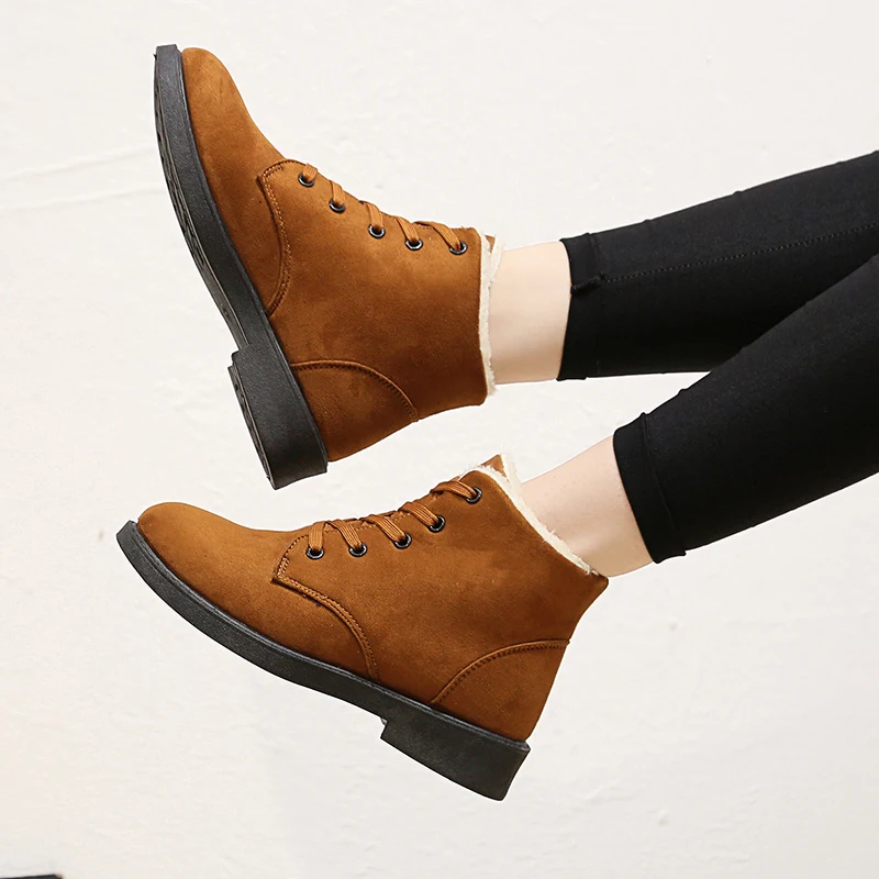Koop Winter Warm Vrouwen Laarzen Mode Kudde Lederen Vrouwen Snowboots Lace Up Pluche Vrouwen Enkellaars Zwart Martin Botas Mujer