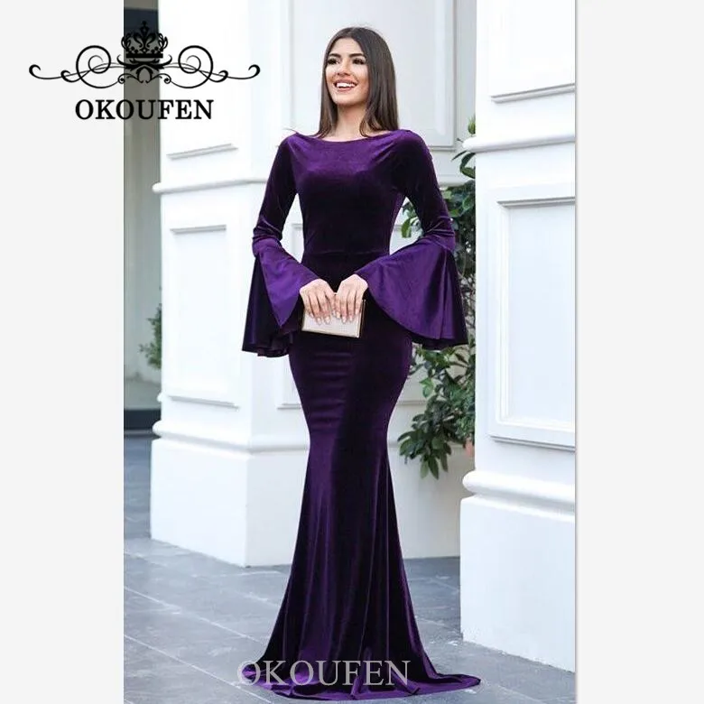 

Purple Velvet Long Bishop Sleeves Evening Dress 2019 Jewe Neck Mermaid Prom Dresses For Women Robe De Soiree