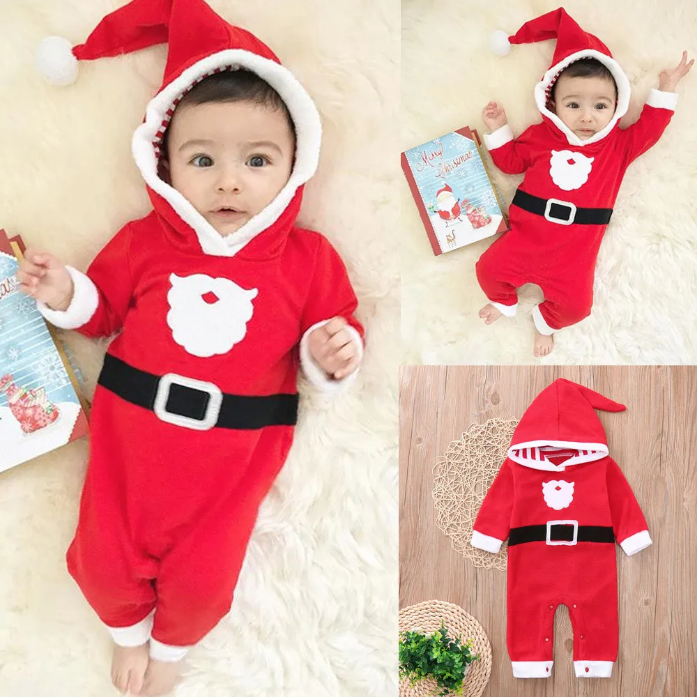 Infant Baby Boys Girls Christmas Santa XMAS Hooded Romper Jumpsuit
