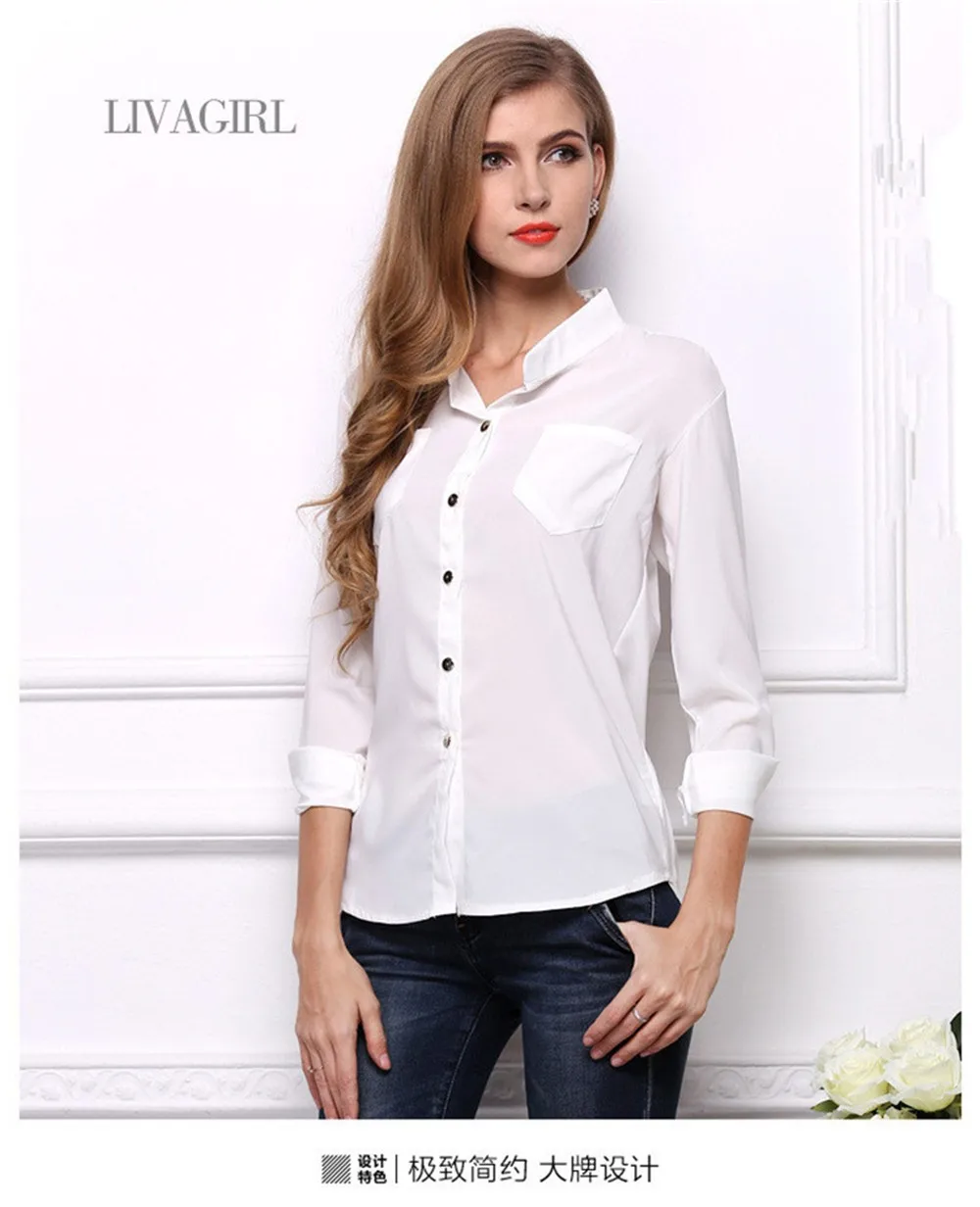 Mainland Women Blouses Fashion Summer Style Long Sleeve Sequin Chiffon Ladies Office Shirt White Blue Tops Formal Working Shirt (12)