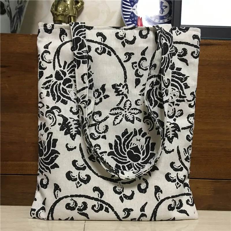 Yile хлопок белье торгового плечо сумка ЭКО многоразовый мешок с принтом черный большой цветок Мотив 17213-4