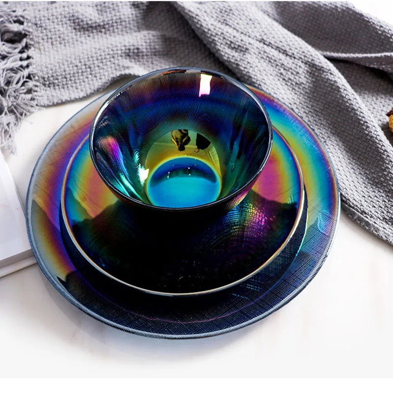 

Colorful Dinner Plate Lead-free Glass Bowl Dark Color Nordic Tableware Creative Fruit Bowl Electroplating Roundel Cake Dish 1pcs