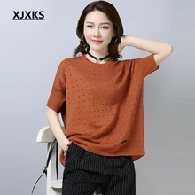 XJXKS новые летние женские шелковые топы больших размеров, женские футболки с коротким рукавом, трикотажные дышащие футболки размера плюс