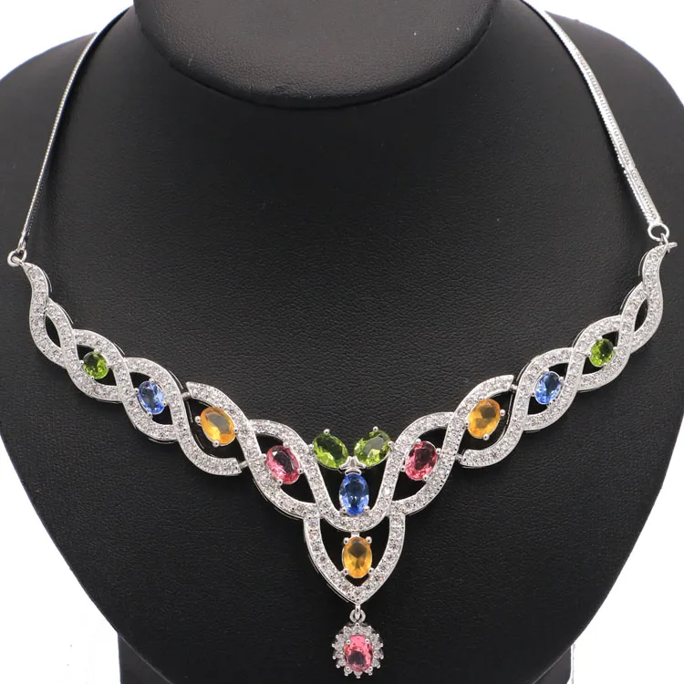 

Colorful Pink Tourmaline,Peridot,Citrine,Violet Tanzanite CZ 925 Silver Necklace 18-18.5in 56x44mm