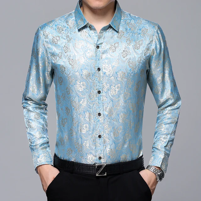 Hot selling mens floral dress shirt long sleeve silk shirt male fashion