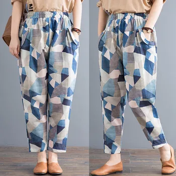 

Plus Size Harem Pants Women's Geometric Print Trousers ZANZEA 2020 Fashion Linen Pants Female Elastic Waist Pantalon Woman 5XL