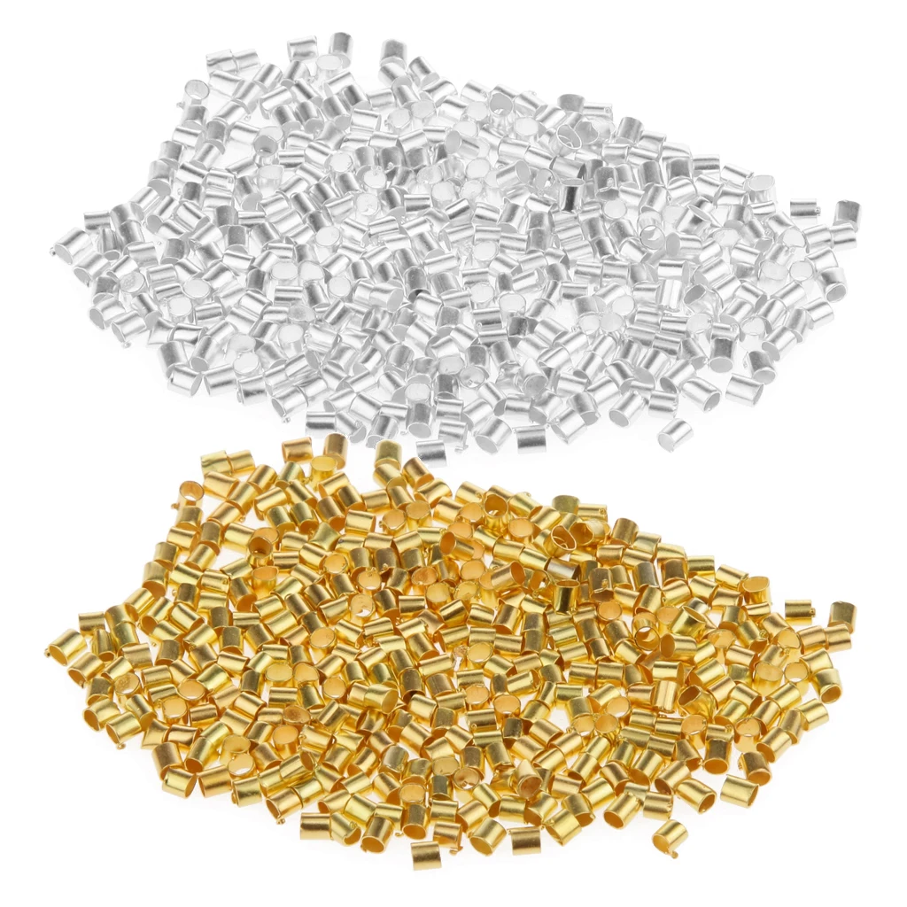 1200 Pieces Silver Gold Plated Copper Crimp Tube End Beads Jewelry Findings 2x2mm
