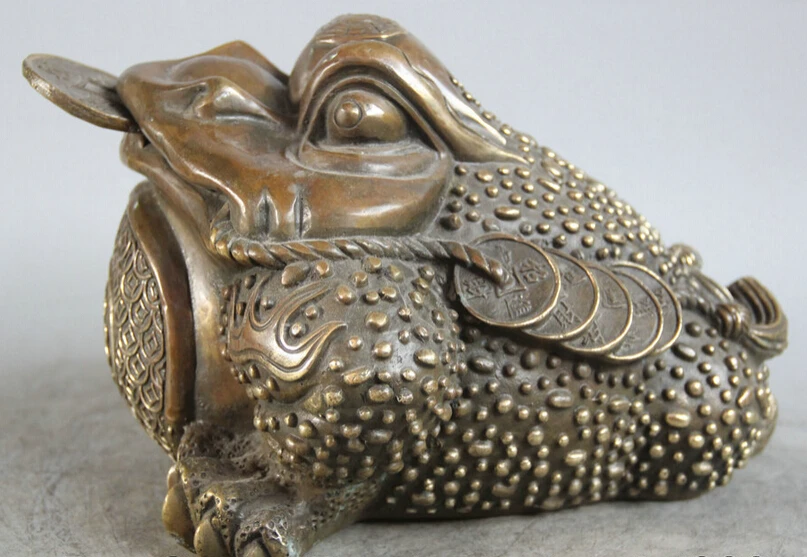 

S1828 11" Chinese Bronze Folk Feng Shui Wealth Golden Toad Spittor Statue sculpture D0318
