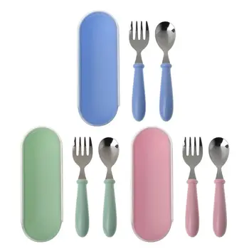 

2pcs/lot Baby Feeding Spoon Fork Set Stainless Steel Toddler Infant Tableware Flatware Kids Cutlery with Ant-Dust Box