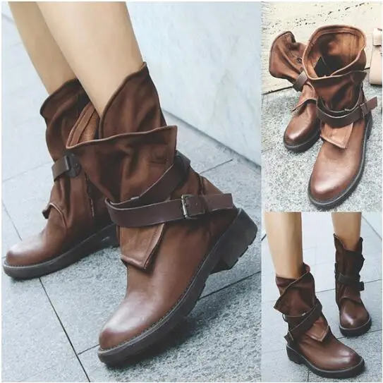 

2018 Women Fashion Vintage Mid Calf Boots Soft Leather Shoes Female Autumn Winter Motorcycle Boots Comfortable Women Botas