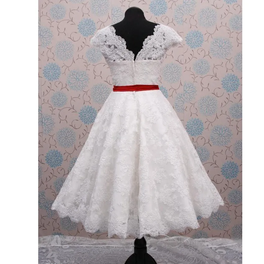 2017 White and Red Sash Tea Length Short Wedding Dresses Cap Sleeve ... 2017 White and Red Sash Tea Length Short Wedding Dresses Cap Sleeve ...