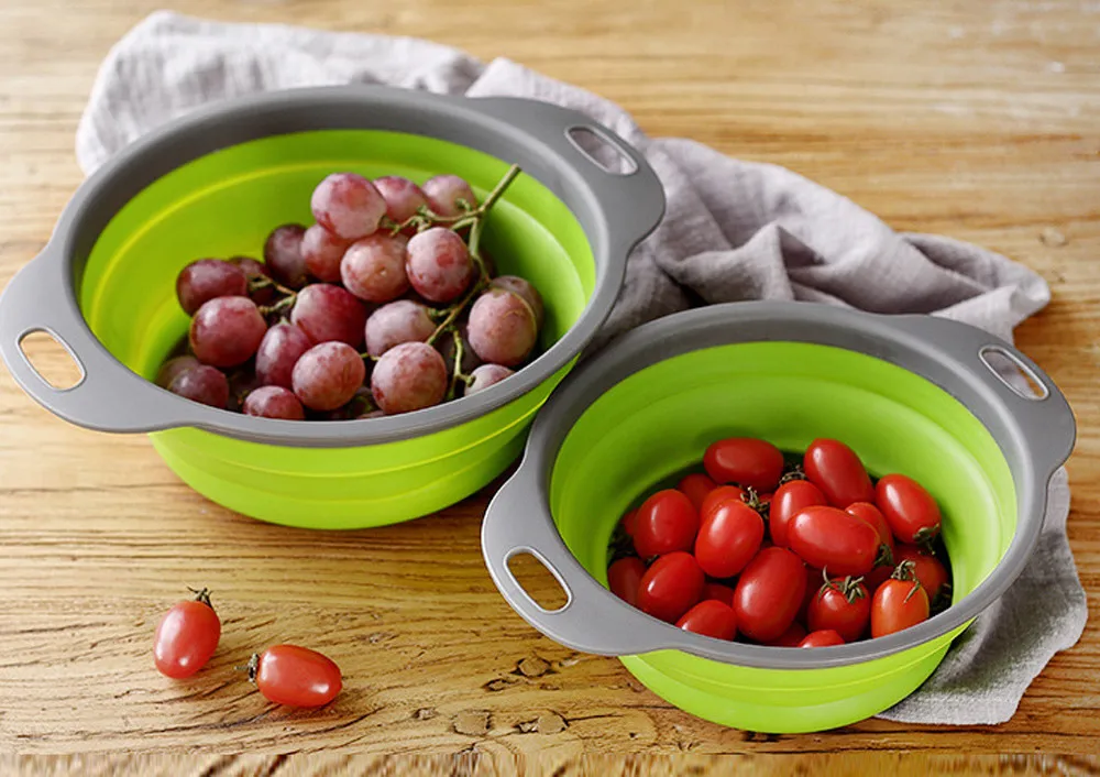 

Foldable Silicone Colander Fruit Vegetable Washing Basket Strainer Collapsible Drainer With Handle Kitchen Tools