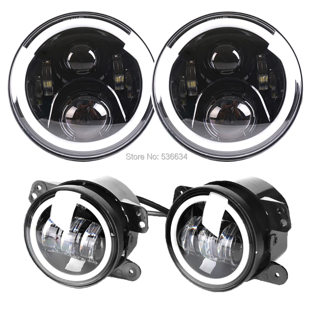 

7 Inch Led Projector LED Headlights DRL Halo Hi/Low H4 Auto + 4 Inch Led Fog Lights Halo for Jeep Wrangler Unlimited JKU 4 Door.