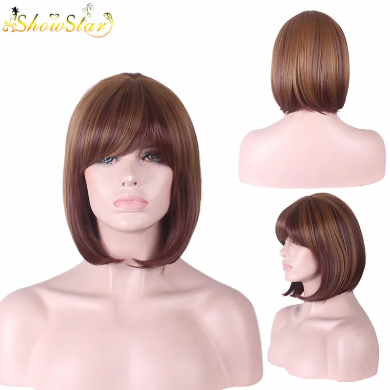 

SHOWSTAR Fashion Women Wig Natural Medium Length Wig Dark Brown Blonde Mixed Wig Straight Bob Heat Resistant Synthetic Wigs