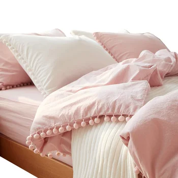 

2/3pc Pink Princess Bedding Sets with Washed Ball Decorative Microfiber Fabric Queen King Duvet Cover Pillowcase Comfortable
