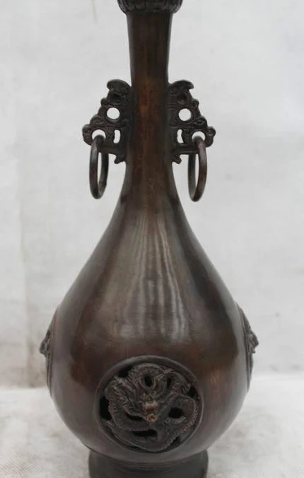 

11"Marked Chinese Folk Dynasty Bronze Dragon Flower Bottle Vase Statue