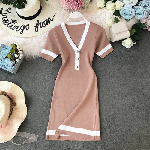 OCEANLOVE Кнопка Vestidos короткий рукав корейское летнее платье для женщин Вязание стрейч платья для V образным вырезом Bodycon Тонкий роковой 11916 - Цвет: Хаки