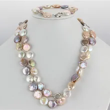 Snh натуральный культивированный 12-13 мм монеты жемчужина Цепочки и ожерелья/браслет стерлингового серебра 925 застежка из натуральной жемчужные украшения комплекты