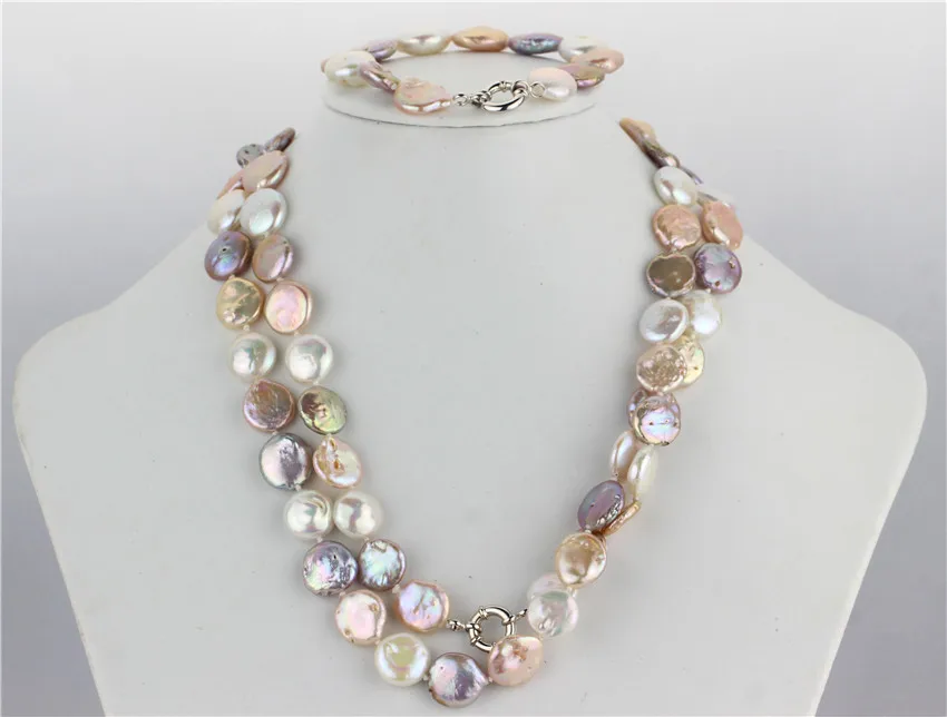 

SNH Natural cultured freshwater 12-13mm coin pearl Necklace/Bracelet 100% 925 sterling silver clasp genuine pearl jewelry sets
