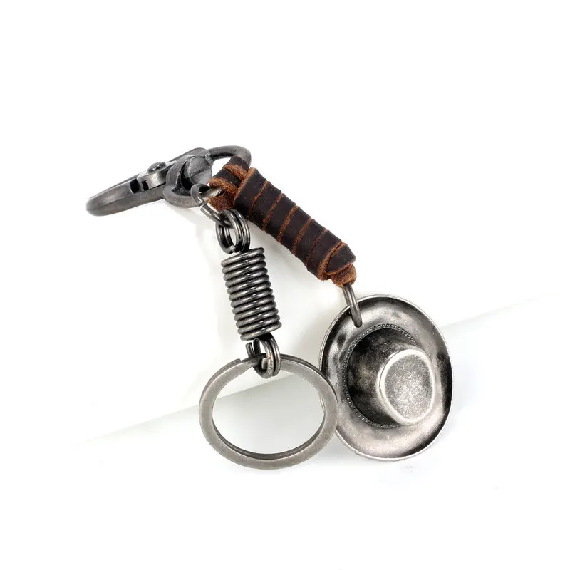 Punk Retro Metal Keychains Cowhide Leather Cowboy Hat Rivet Badminton Skull Wing Feather Anchor Leaves Handcuffs Key Rings