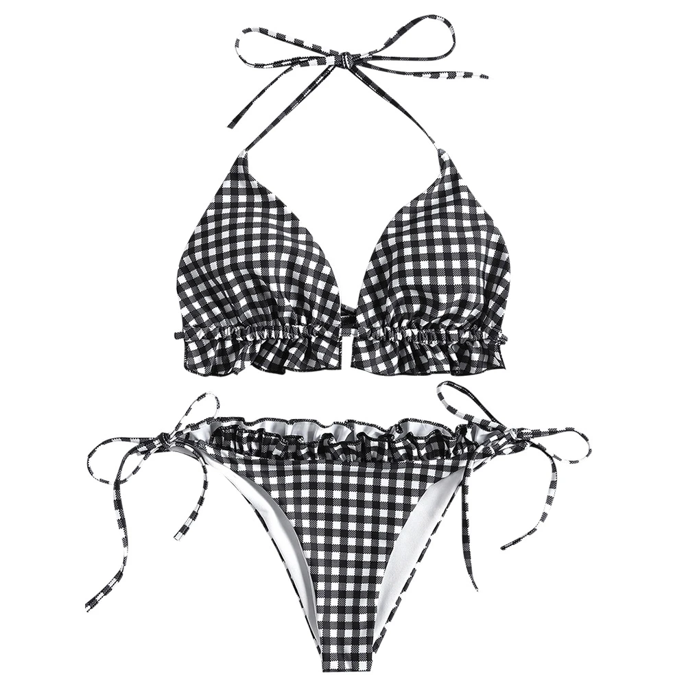 2018 Sexy Women Bikini Set Swimwear Checked Padded Halter Bikinis Low ...