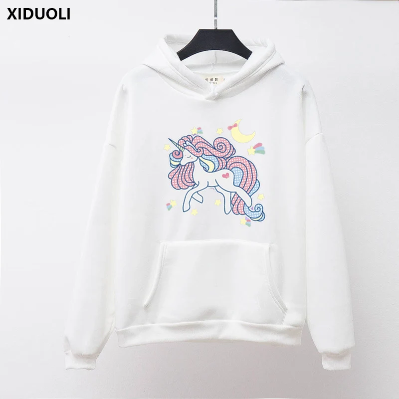 Для женщин толстовки 2018 осень Зимние толстовки мультфильм Kawaii розовый единорог Harajuku стиль женский ins с капюшоном плюс бархат толстовка