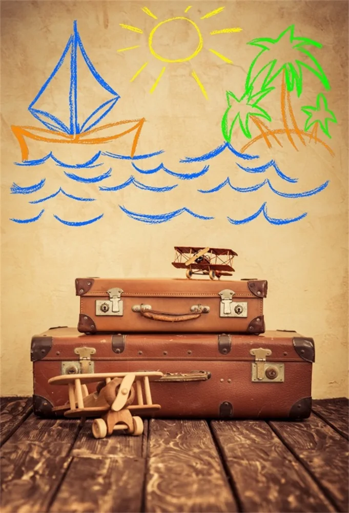

Laeacco Ship Themed Wall Pattern Plane Luggage Wooden Board Baby Photographic Backgrounds Photography Backdrops For Photo Studio
