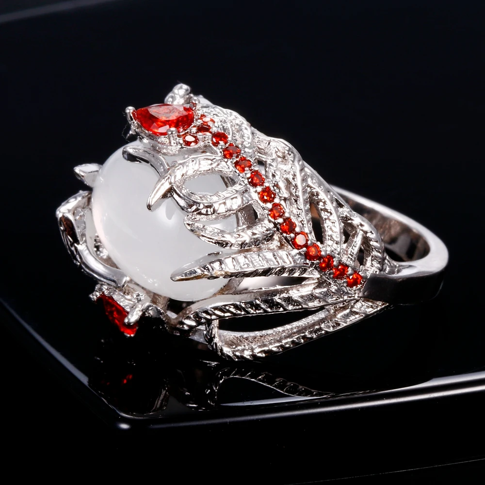 Модные креативные кольца с лунным камнем, пером, ободком для женщин, винтажное красное рубиновое обручальное кольцо