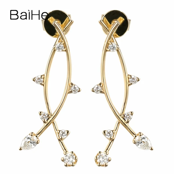 BAIHE Solid 14 K желтое золото 0.28ct H/SI натуральные бриллианты круглые& Груша Свадебные украшения уникальный подарок серьги-гвоздики