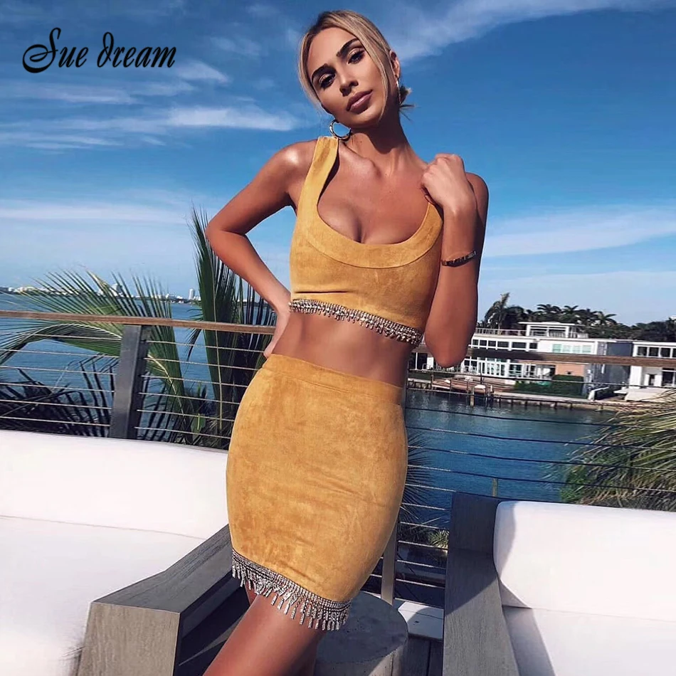 2018 Summer New Orange Sleeveless Bandage Dress High Quality Sexy Bodycon Two Piece Beaded Fringe Party | Женская одежда