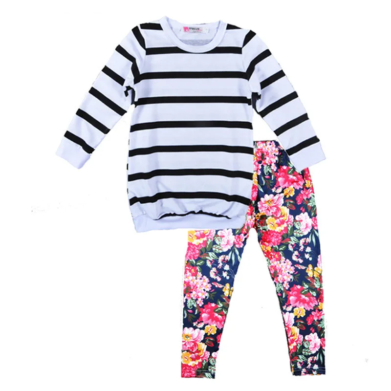 Baby Girls Clothes Sets Autumn Floral Clothing Long Sleeve Stripe T shirt+Flower Pants 2 PCS