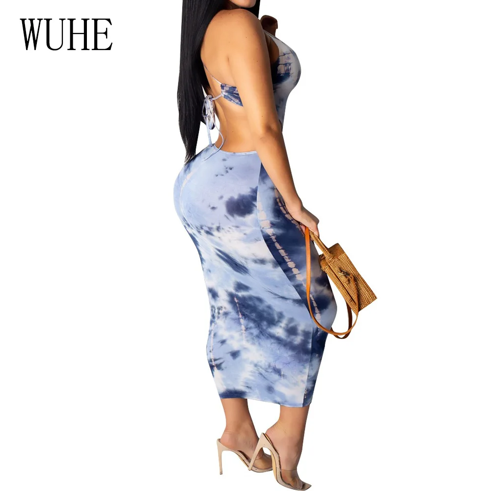 WUHE Summer Vintage Tie-dyed Printed Halter Party Maxi Dress Elegant Sleeveless Back Lace-up Bodycon Pencil Women Dresses