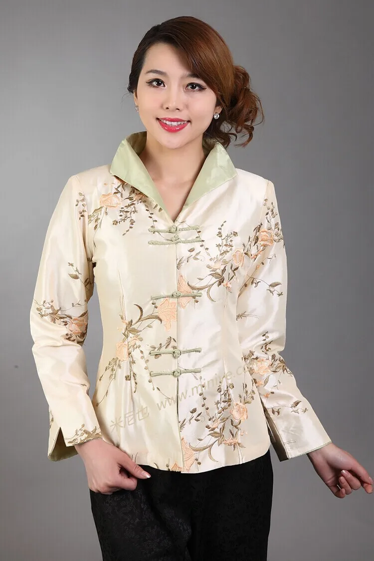 Fashionb beige donne cinesi di seta ricamo giacca vintage tang abito classico floreale slim cappotto taglia sml xl xxl xxxl nj70