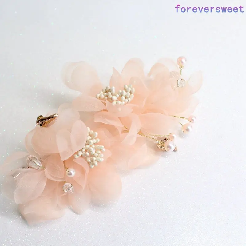 

lovely pink crepe flower barrettes leaf handmade hair flower for brides hairgrips women wedding hair jewelry