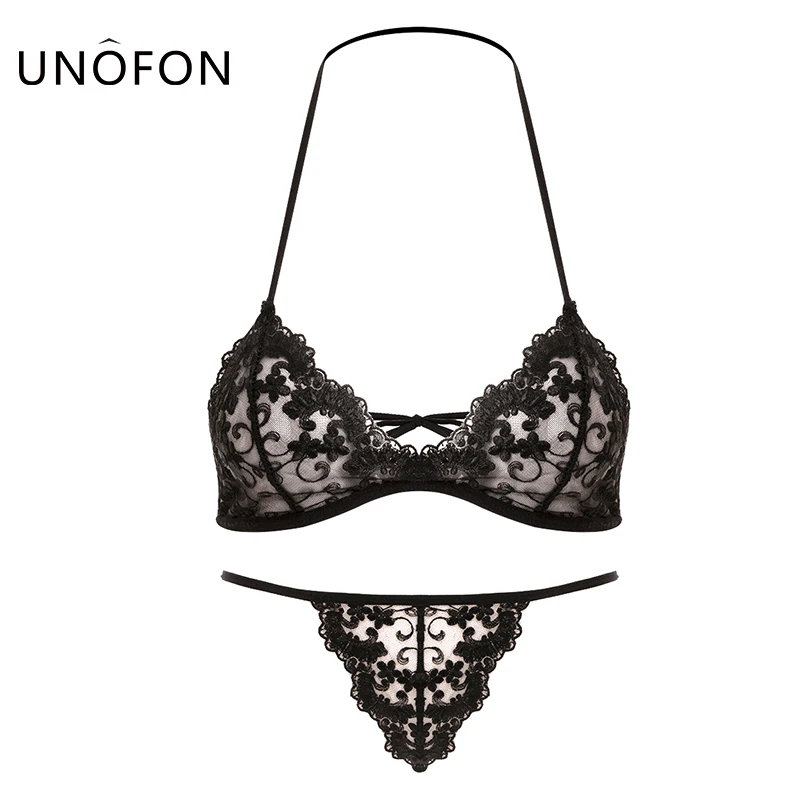 Unofon Erotic Floral Mesh Halter Bikini Bra Set Sexy Lingerie Porno Sleepwear Lace Underwear Sex