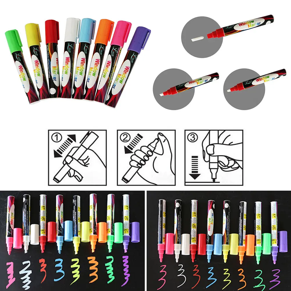 8pcs/set Reversible Tip Highlighter Fluorescent Liquid Chalk Marker Pen for LED Writing Blackboard | Канцтовары для офиса и