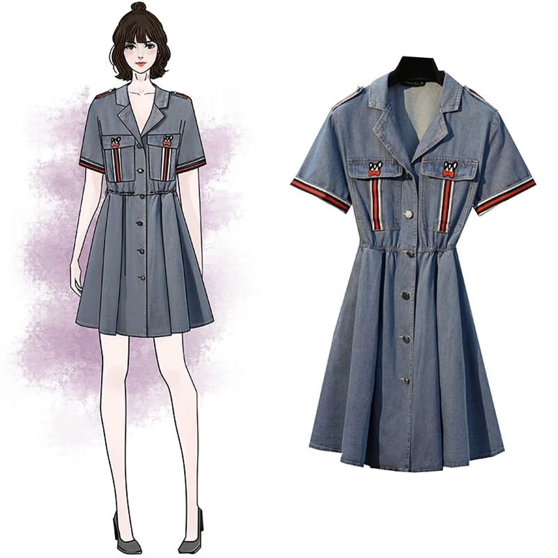 

SexeMara fashion The New V-neck embroidery Waist denim dress Free shipping