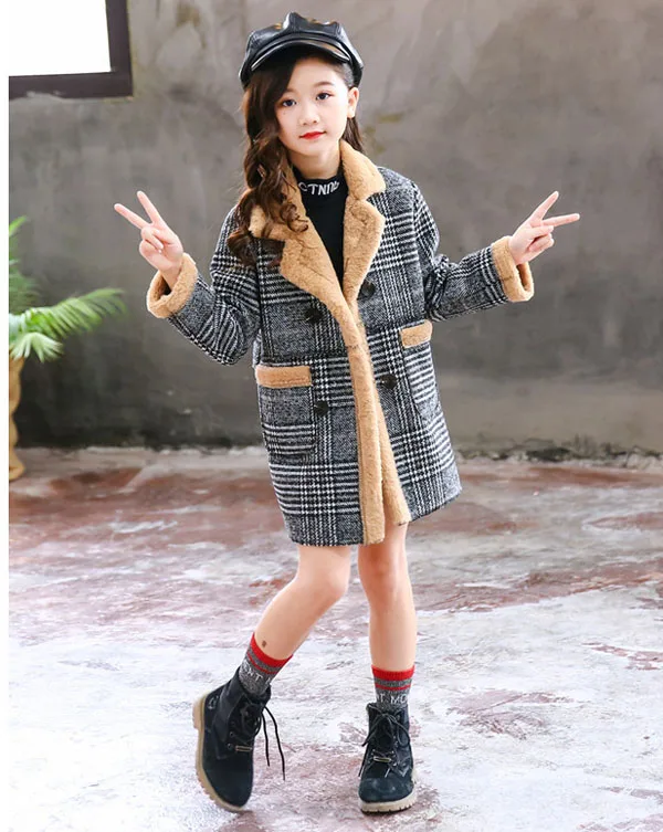 Шерстяное пальто для девочек; Корейская версия детского утепленного пальто - Цвет: Бежевый