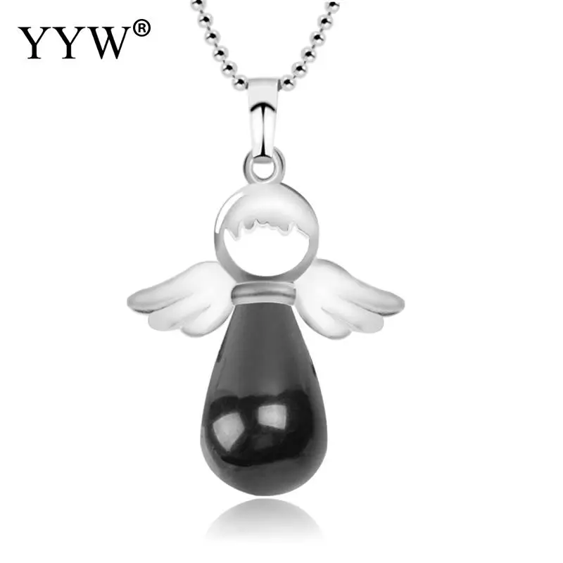 

YYW Natural Stone Angel Wings Pendant Necklace Pink Quartz Female Jewelry Gift Onyx Silver-color Water Drop Pendants Necklace