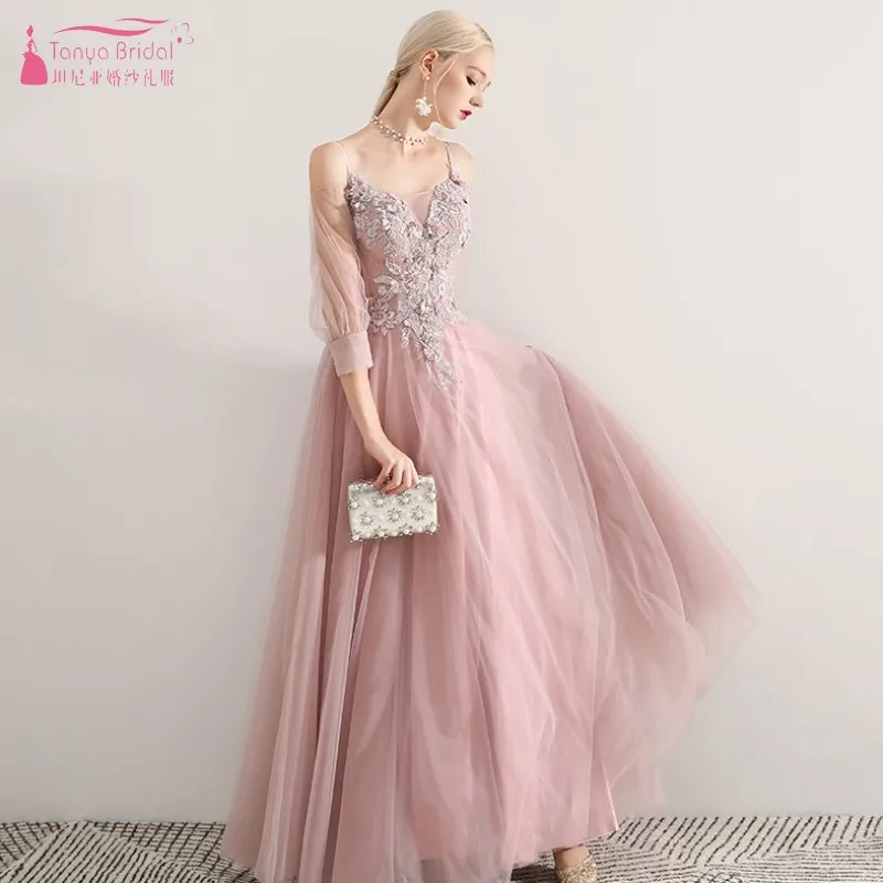 Три четверти Длина рукава Длинные платья невесты розовый линия Свадебная вечеринка платье вечернее платье для выпускного вечера JQ22