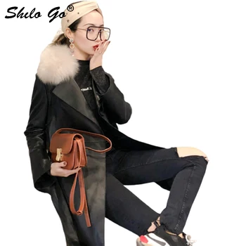 

Leather Trench Womens Spring Fashion sheepskin genuine leather long coat Fox Fur lapel collar long sleeve belt A Line