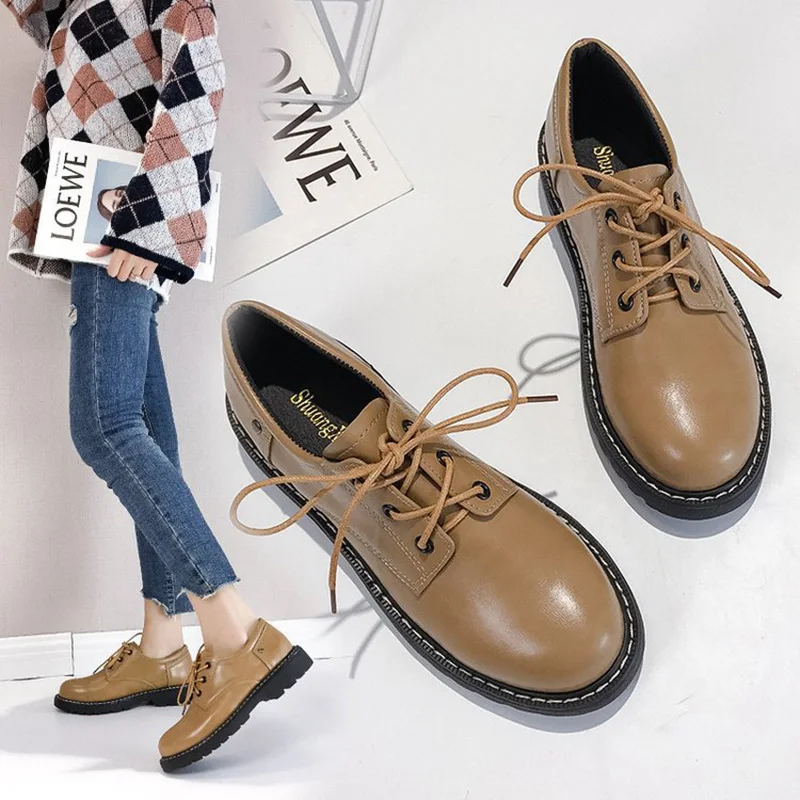 

Retro british small leather shoes girls round toe lace up shallow brogues flats women concise sewing thick bottom creepers shoes