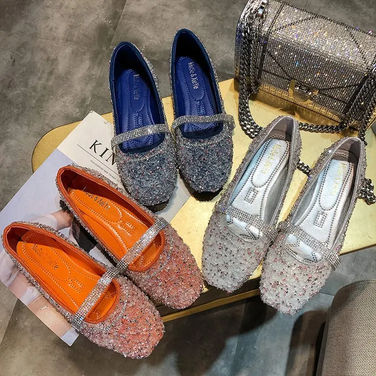 

Trend hot seller head flat single shoes female flat with soft bottom scoop shoes rhinestone sequins with Mary Jane women's shoes