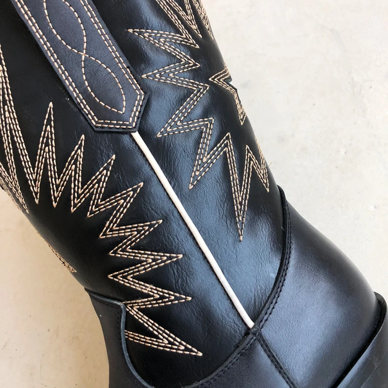 Г., новые зимние женские сапоги с вышивкой рыцарские сапоги на среднем каблуке в стиле ретро женские сапоги из натуральной кожи, Botas Mujer, ковбойские сапоги в ковбойском стиле, распродажа