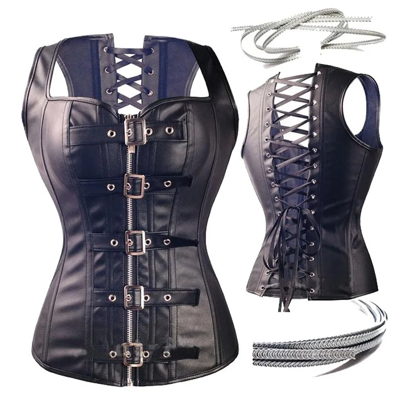 

Dominatrix Steampunk Corset Black Leather Burlesque Clubwear Lace up Boned with Chains Gothic Carnival Clothing Fetish Tops 6XL