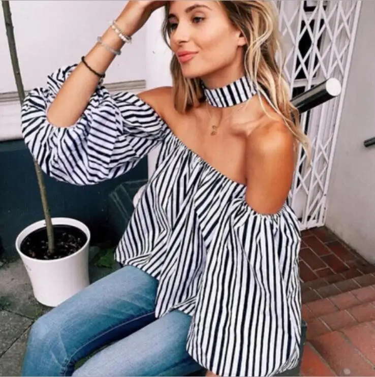 

2019 fashion Sexy women's shirt explosion models word collar slash neck lantern sleeves striped shirt strapless spring autumn