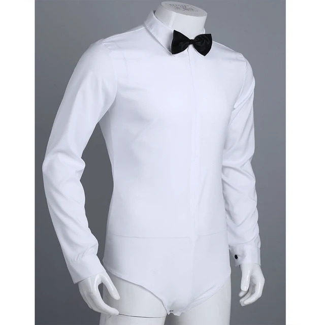 Mens Zipper Latin Shirt with Bowtie One piece Romper Shirt Ballroom Dance Dresses Wear for Men Long Sleeved Bodysuit Shirts -
