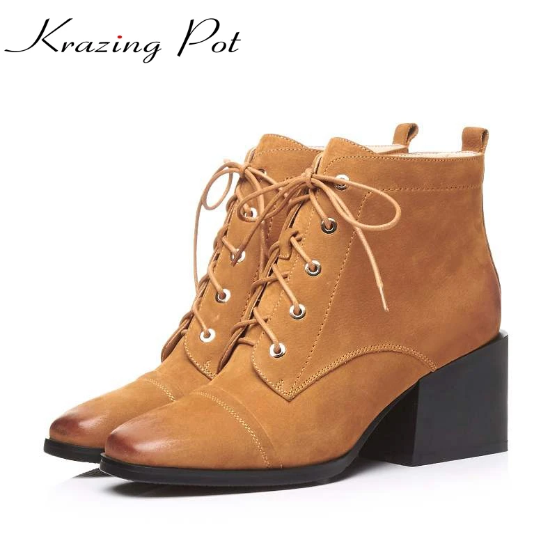 

Krazing Pot new vintage cow leather winter high heels square toe lace up fashion rock Chelsea boots designer mild-calf boots L28