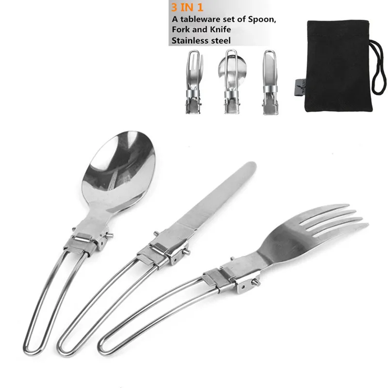 

Useful New 3 in 1 Tableware Portable Pocket EDC Outdoor Camping Survival Set Picnic Steel Folding Fork Knife and Spoon With Bag