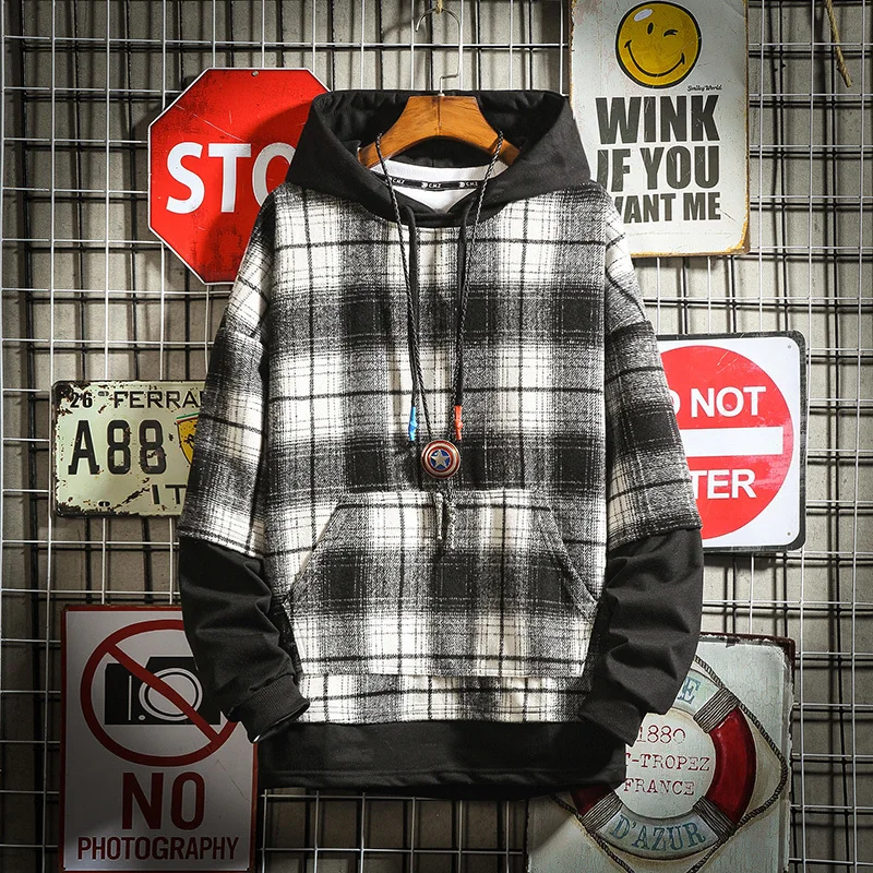 

Spring new plaid hoodies men fashion retro casual hooded sweatshirt man streetwear wild hip hop loose pullover male Hoody M-5XL